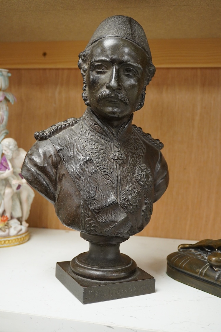 A spelter bust of General Gordon Pasha, and a bronze resin reclining female after Poullain, the bust 32cm